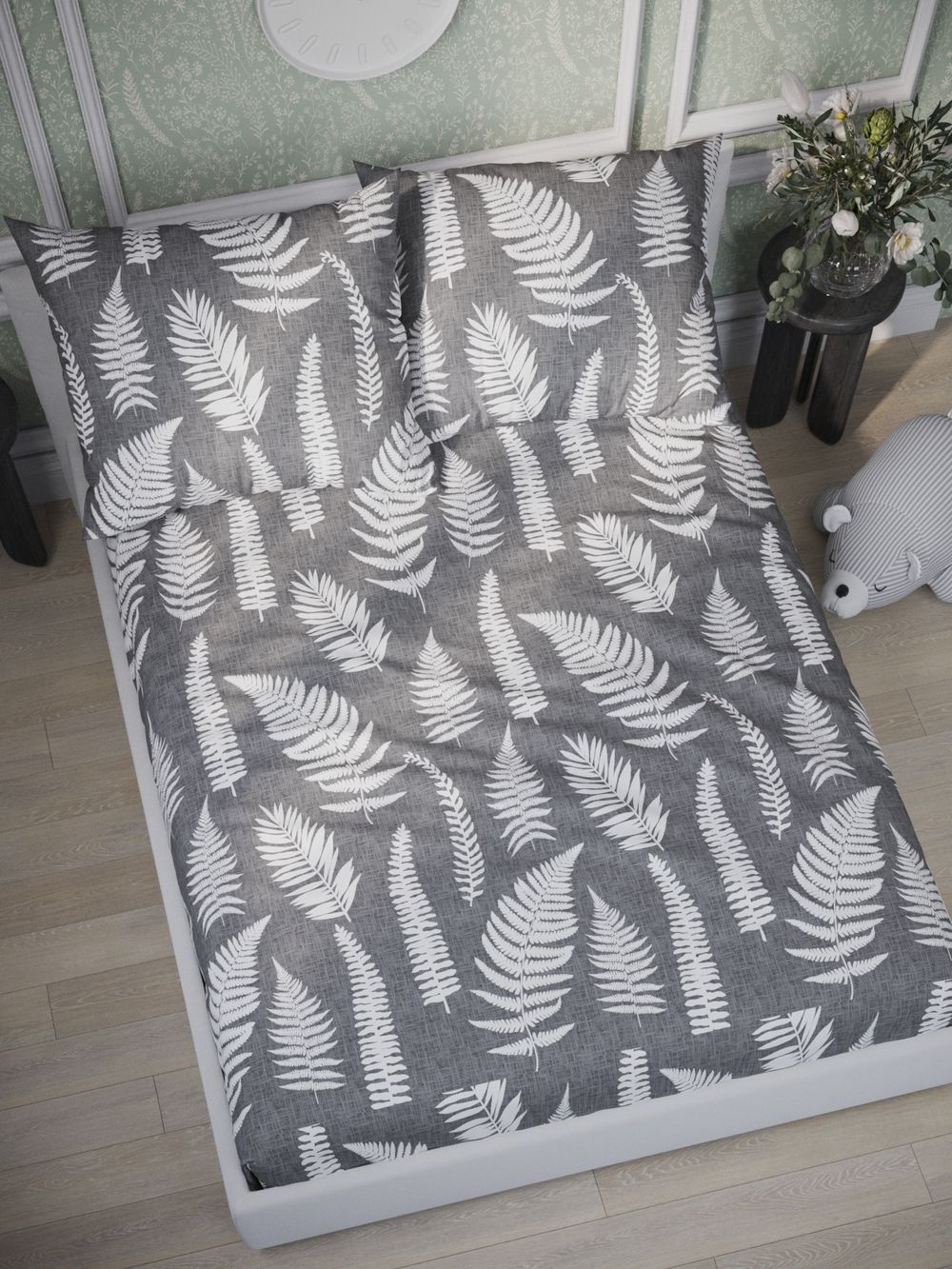 Постельное белье Сказка "Папортник" евро   наволочки 50х70 2шт Простынь на резинке 180х200 см  Пододеяльник 200х215 см