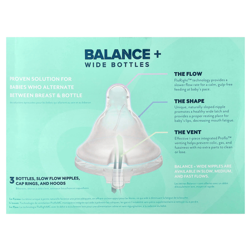Evenflo Feeding, Balance+, флаконы, широкая, для детей от 0 месяцев, медленный поток, 3 флакона по 150 мл (5 унций)