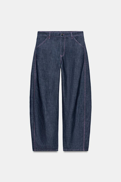 ZARA БРЮКИ BARREL ИЗ ЛЬНА, ИНДИГО