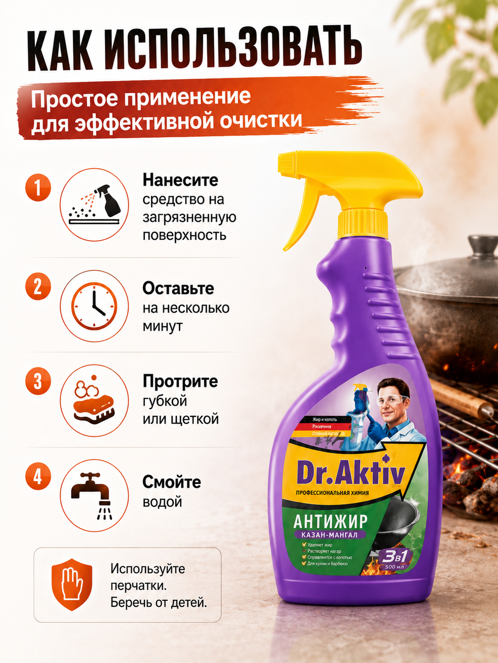 Чистящее от нагара,жира,копоти Dr.Aktiv Казан-Мангал 500мл