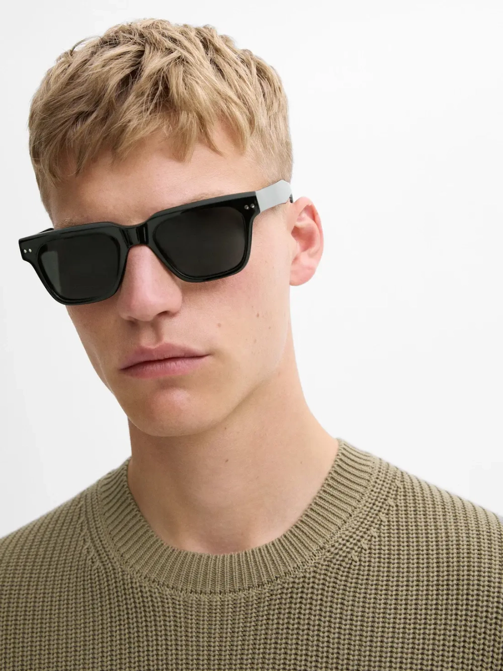 Massimo Dutti Свитер из хлопка букле с круглым вырезом, хаки