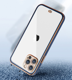 Мягкий защитный чехол на iPhone 12 и 12 Pro, прозрачный с черными рамки, вставки золотистого цвета