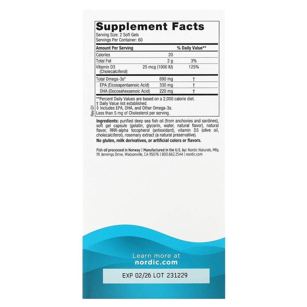 Nordic Naturals, Omega-3D, со вкусом лимона, 120 капсул