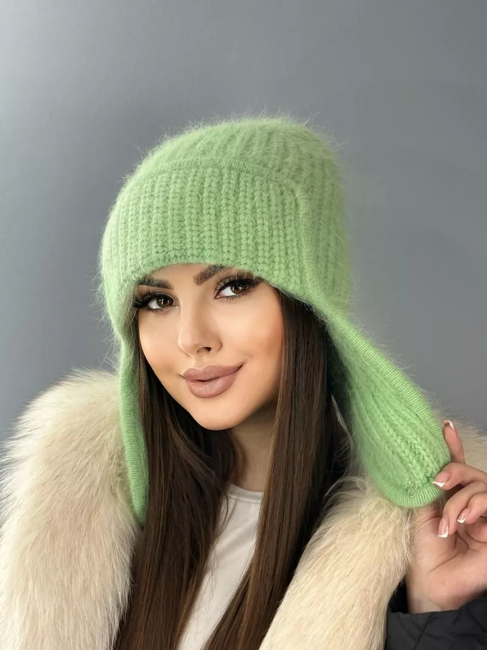 шапка ушанка вязаная зимняя ангора пушистая