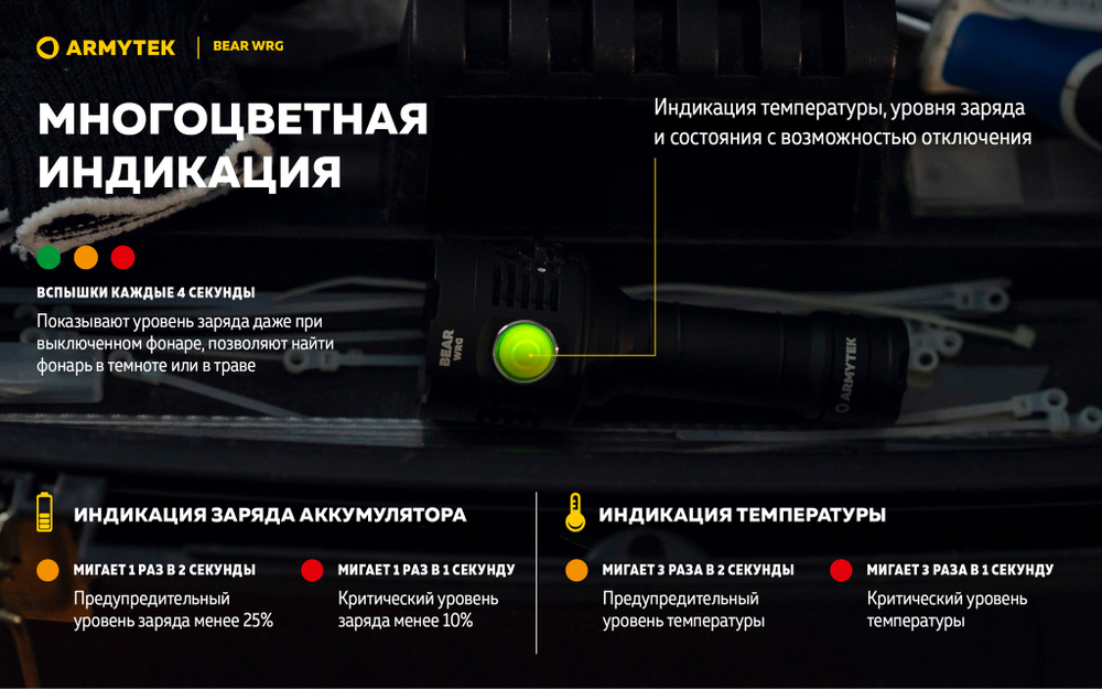 Фонарь Armytek Bear WRG (1500 люмен) Белый, красный и зеленый свет F09901C