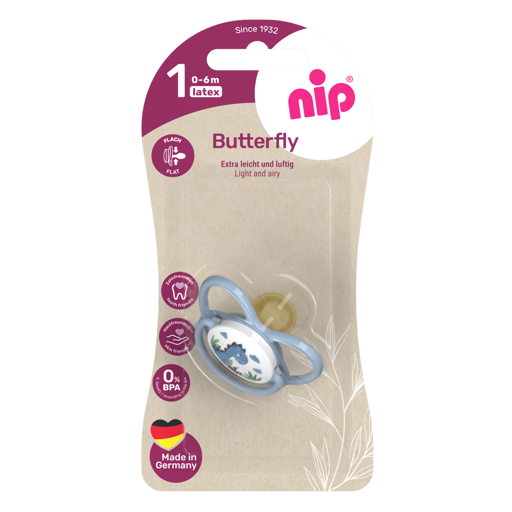 NIP Соска пустышка, латекс, размер 1 "Butterfly" Дино (0-6 мес) 1 шт