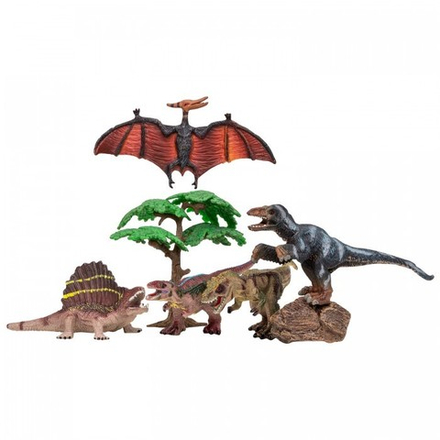 Набор фигурок серии "Мир динозавров": птеродактиль, диметродон, тираннозавр, троодон, велоцираптор, дерево, камень