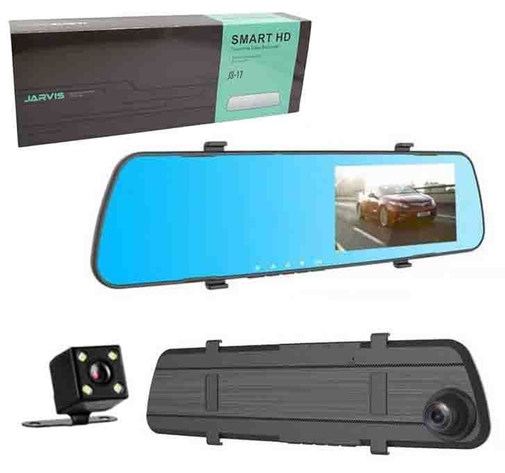 Автомобильный видеорегистратор зеркало JS-17 + 2 камеры , зеркало заднего вида (черный)