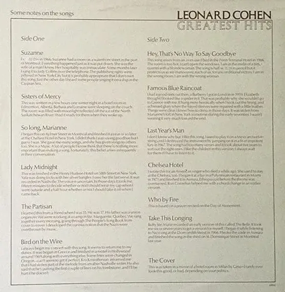 Leonard Cohen Greatest Hits LP