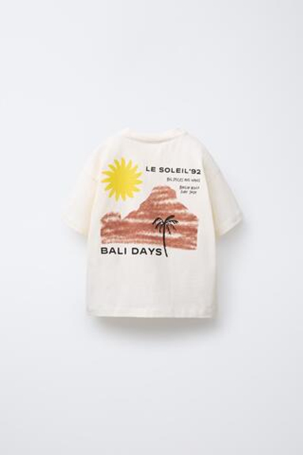 ZARA ФУТБОЛКА С ПРИНТОМ «BEACH», ЖЕЛТОВАТО-БЕЛЫЙ