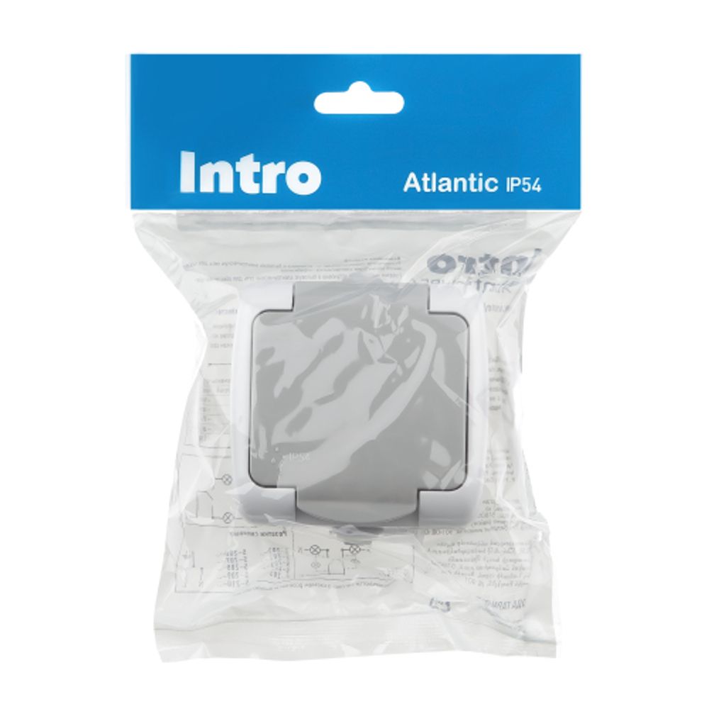 Розетка Intro Atlantic 5-201-03 с заземлением 2P+E Schuko, 16А-250В, IP54, открытой установки, серый | Intro
