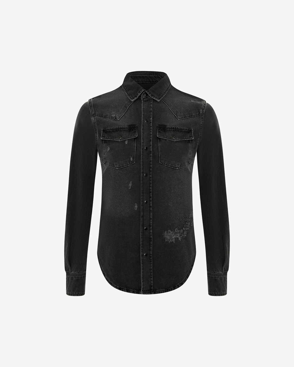 Черная джинсовая рубашка с потертостями