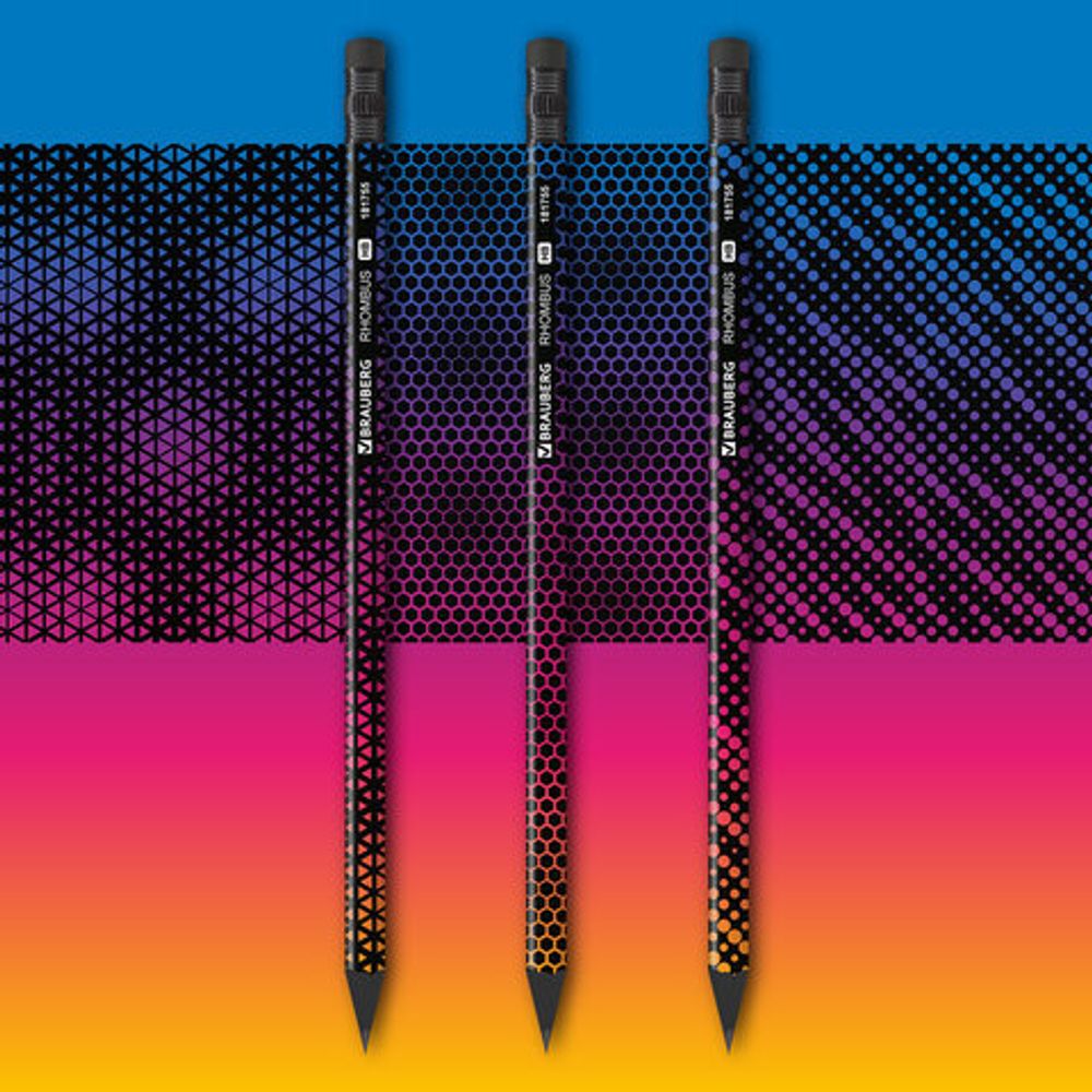 Карандаш чернографитный BRAUBERG "RHOMBUS", 1 шт., HB, с ластиком, корпус ассорти, 181755