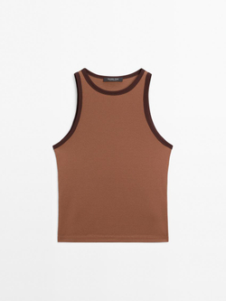 Massimo Dutti Топ из 100% хлопка с горловиной халтер и контрастной отделкой, кофейный