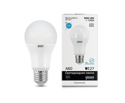 Лампа Gauss Elementary ЛОН A60 E27 20W(1750lm) 6500K 6K 120x60 матовая, пластик/алюминий 23239 - 10 штук