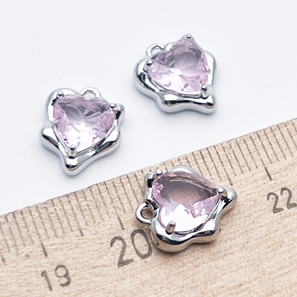 Подвеска Сердце, цвет серебро (родий) + розовый, размер 13*10 мм, цена за 1 шт