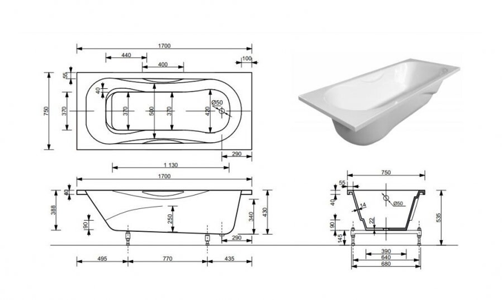 Ванна из литьевого мрамора Эстет Эллис 170х75 белая, ФР-00008586