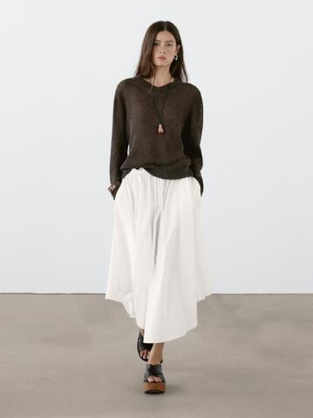 Massimo Dutti Свитер с V-образным вырезом из смесового хлопка, шоколадный
