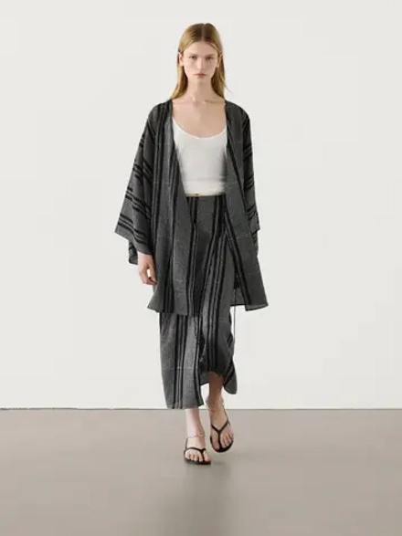 Massimo Dutti Юбка парео из смесового льна с вышивкой, черный