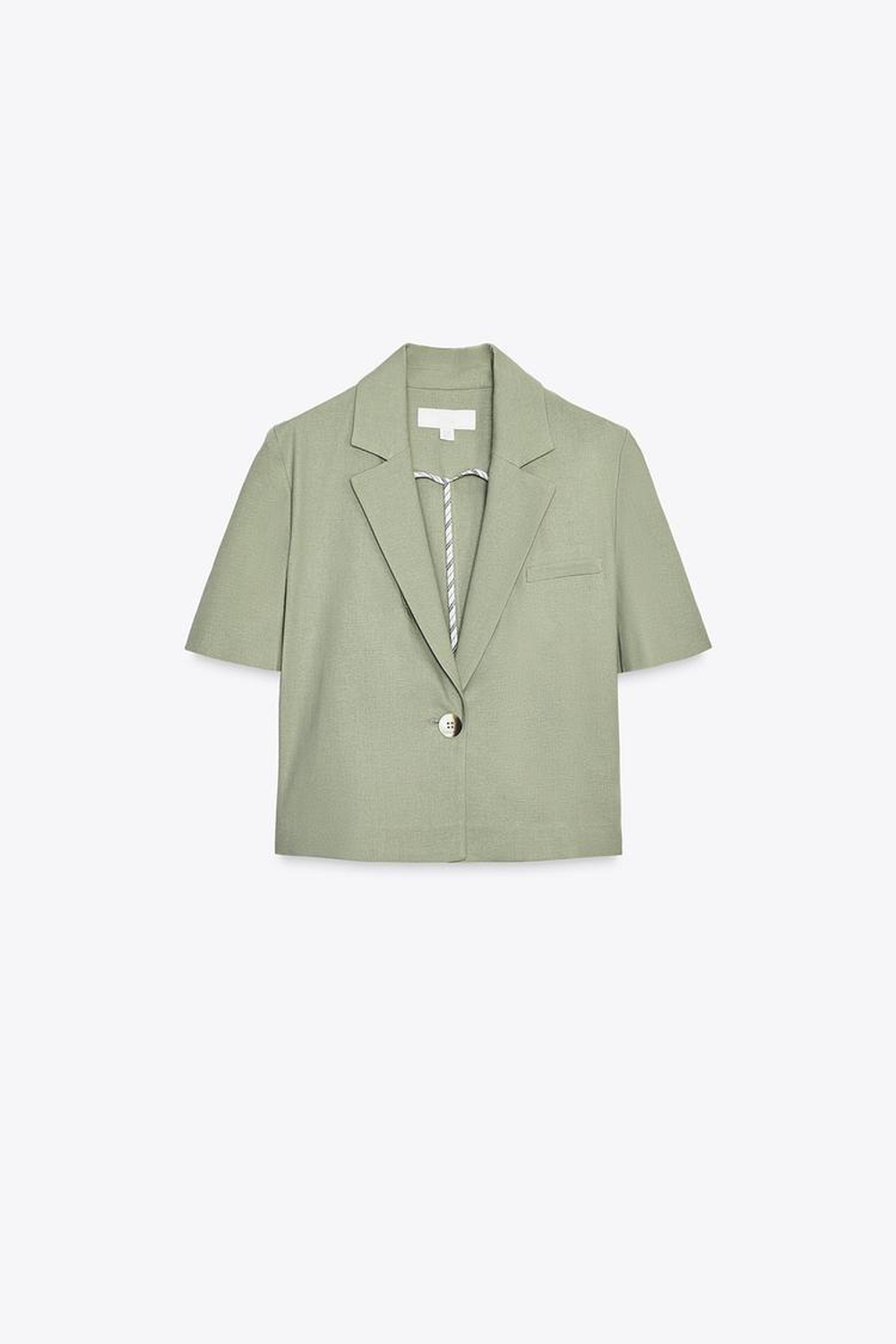 ZARA БЛЕЙЗЕР ИЗ ЛЬНА С КОРОТКИМИ РУКАВАМИ, СВЕТЛЫЙ ХАКИ