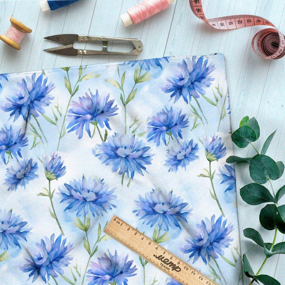 Ткань премиум мембрана голубые акварельные цветы
