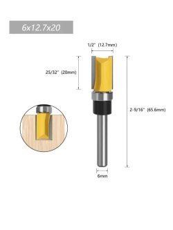 Фреза по дереву кромочная прямая для выборки заподлицо с верхним подшипником ,хвостовик 6 мм,3шт