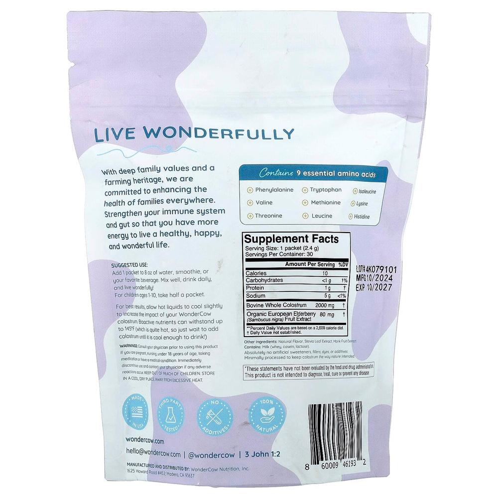 Wondercow, Молозиво в порошке, бузина, 30 пакетиков по 2,4 г (0,08 унции)