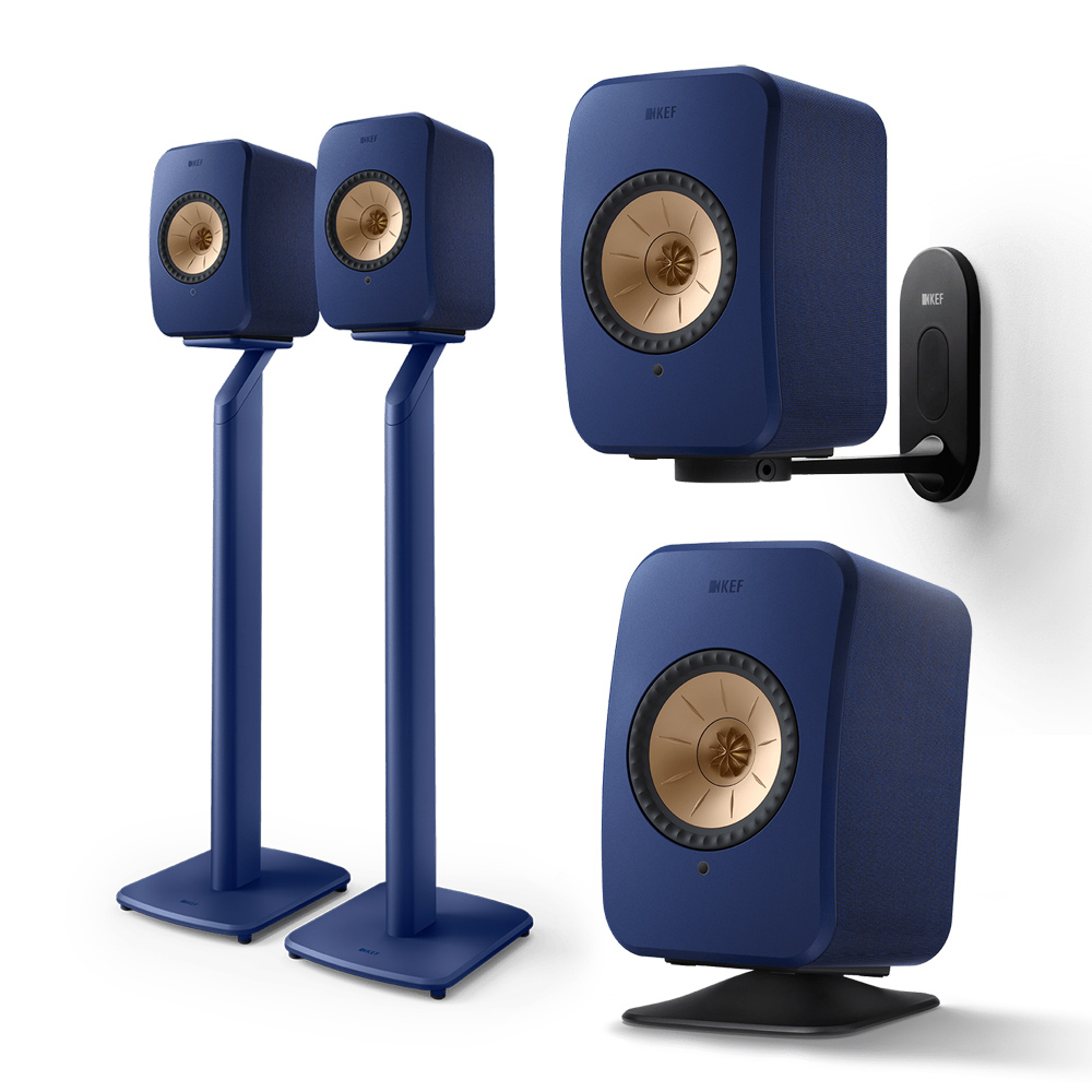KEF LSX II Cobalt Blue активная беспроводная полочная акустическая система (пара) + напольные стойки KEF S1 Floor Stand (пара)