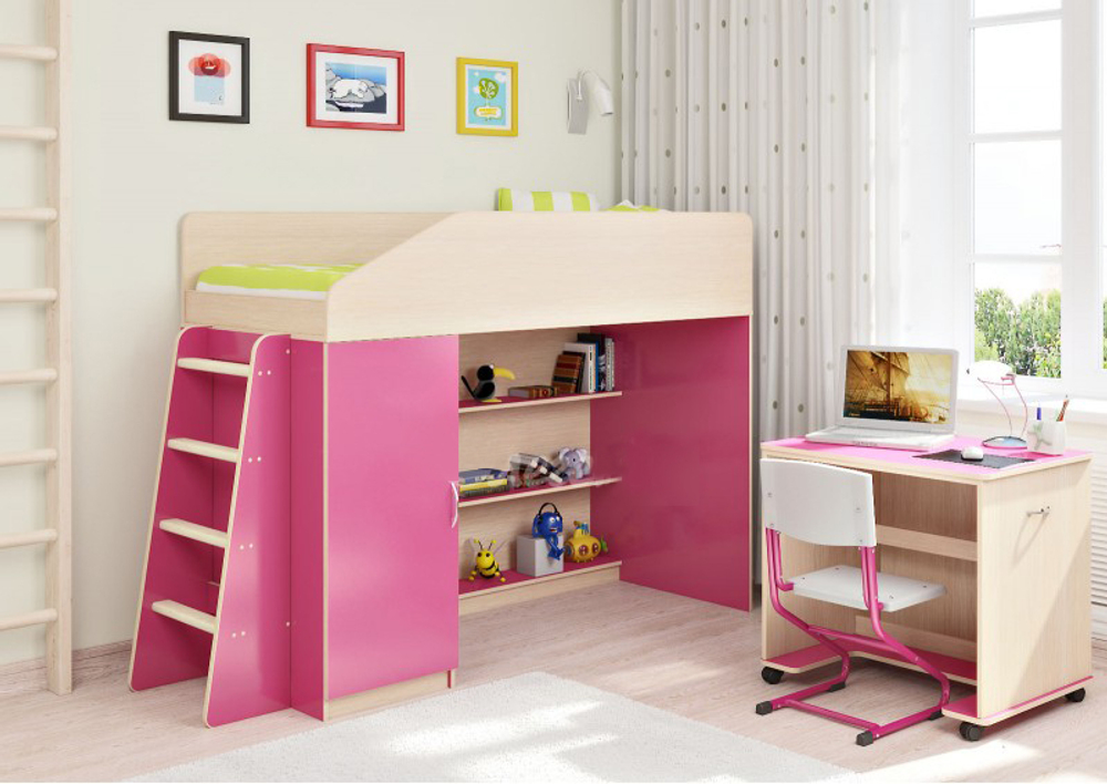 Кровать-чердак КарИВи Л-11.2  Дуб Молочный Розовый
