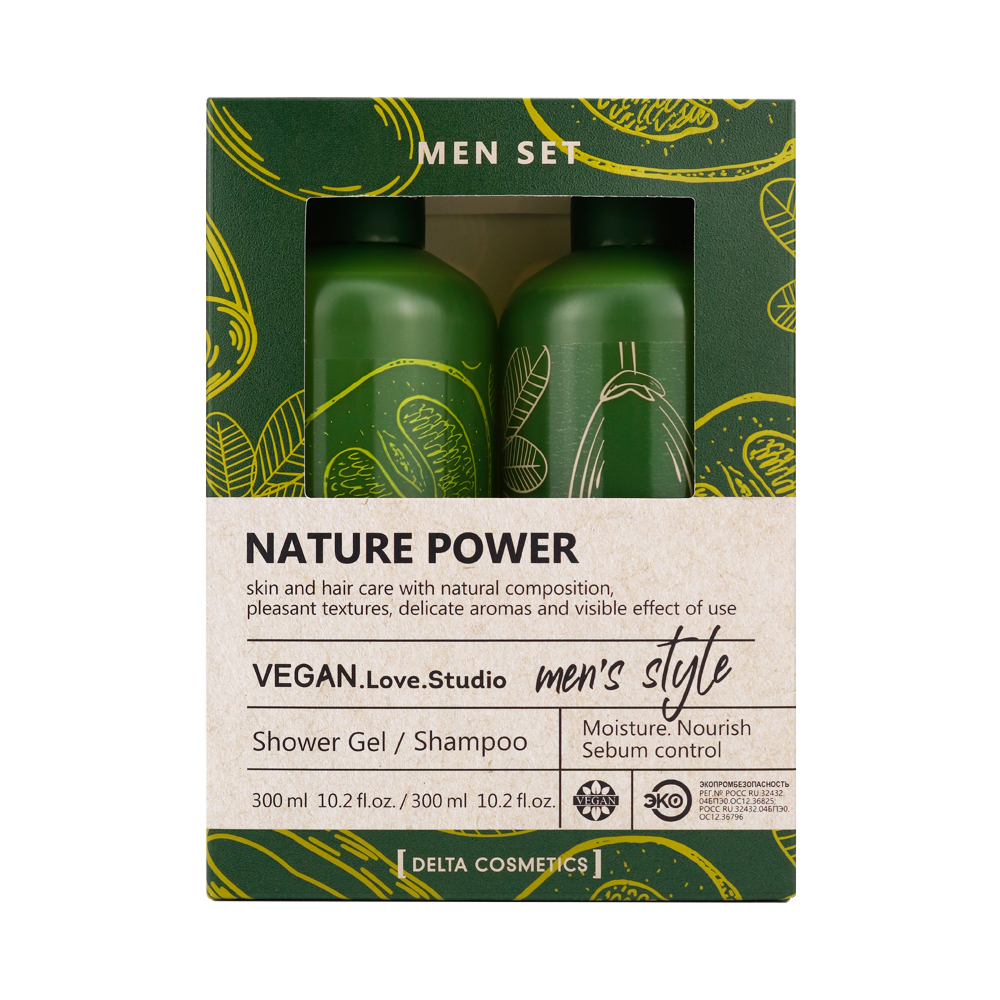 Косметический набор для муж. VEGAN.Love.Studio «NATURE POWER» (гель для душа 300 мл + шампунь 300 мл)
