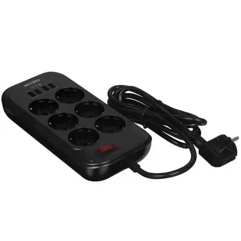 Сетевой фильтр, 6 розеток, длина шнура 2 м, цвет: черный