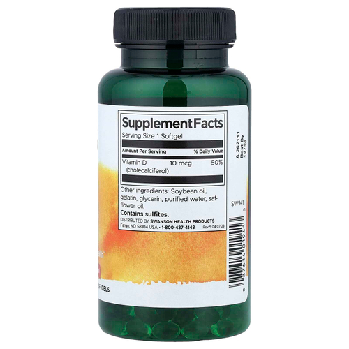 Swanson, витамин D3, 10 мкг (400 МЕ), 250 мягких таблеток