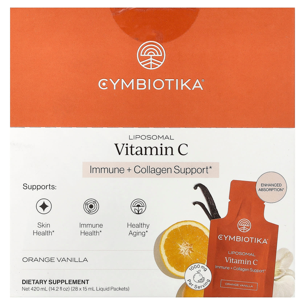 Cymbiotika, липосомальный витамин C, со вкусом апельсина и ванили, 28 пакетиков по 15 мл (0,5 жидк. унции)