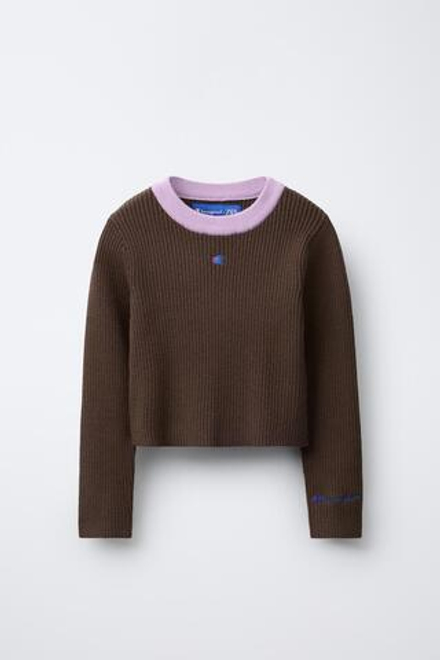 ZARA X CHAMPION ® ДЖЕМПЕР В РУБЧИК С КОНТРАСТНЫМ ВОРОТНИКОМ, ШОКОЛАДНО-КОРИЧНЕВЫЙ