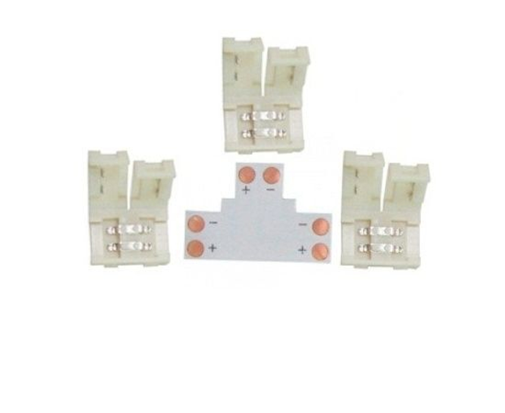 Коннектор T-образный с зажимами для одноцветной двухконтактной (2pin) светодиодной ленты 8мм (1 комплект)