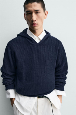 ZARA СВИТЕР ИЗ ХЛОПКА И ШЕРСТИ С КАПЮШОНОМ, МОРСКОЙ СИНИЙ