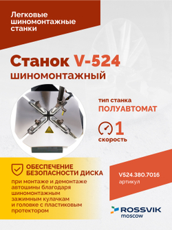 Станок шиномонтажный ROSSVIK V-524, п/авт., до 24", 380 В, серый