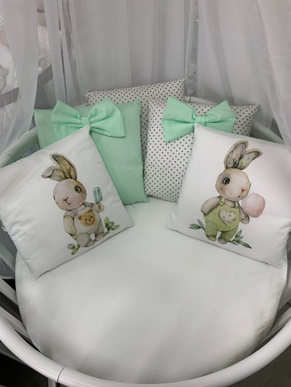 Комплект в кроватку 18 предметов "Кролик с мороженным зеленый", сатин