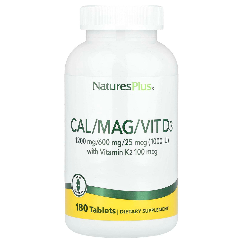 NaturesPlus, комплекс с кальцием, магнием, витаминами D3 и К2, 180 таблеток