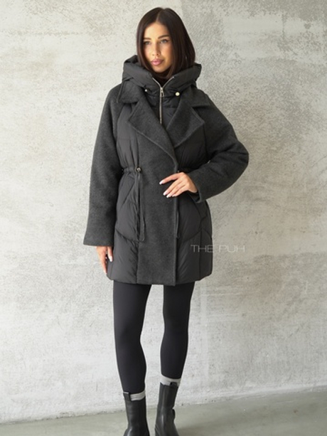 Черный комбинированный пуховик-пальто на кулиске
