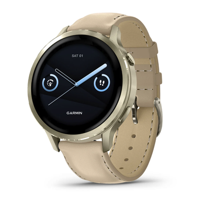 Смарт-часы GARMIN VENU 4, Amoled, 41мм Lunar Gold с кожаным ремешком, 010-03013-03