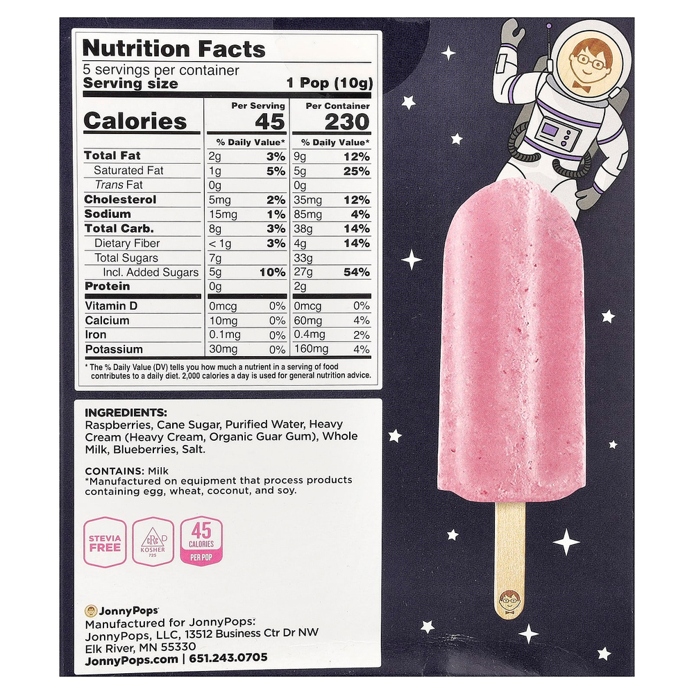 JonnyPops, сублимированные мини-печенья, малина, голубика и сливки, 5 леденцов по 10 г