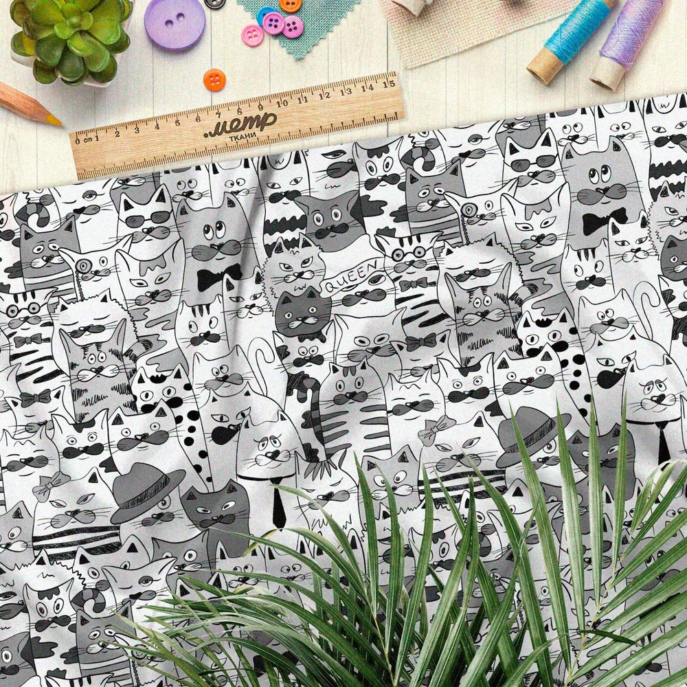 Ткань кулирная гладь бело-серые коты из мультиков