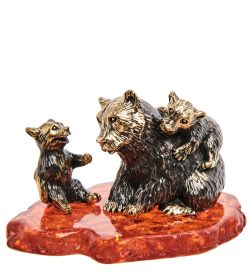 Народные промыслы AM-3112 Фигурка «Медведь с малышами» (латунь, янтарь)