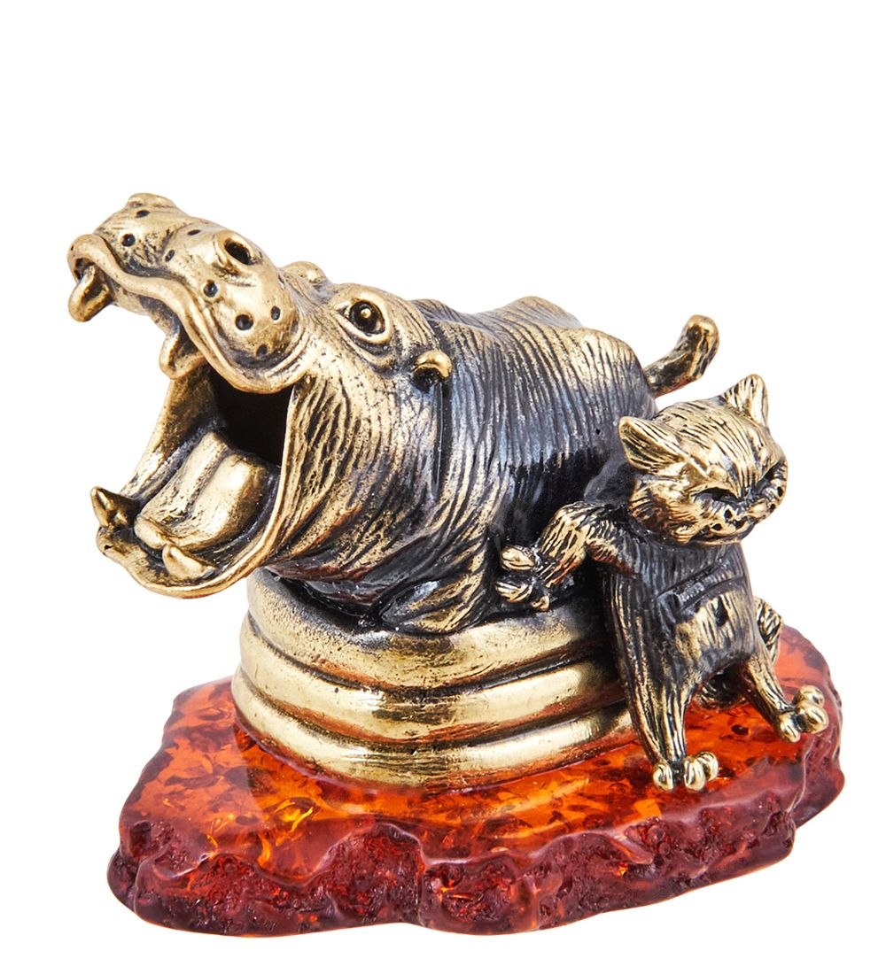 AM-3645 Фигурка «Бегемот и Кот - Держись Бро» (латунь, янтарь)