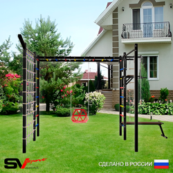 Уличная шведская стенка Sv Sport рукоход с комплектом турник прямой 2шт У5427 (Турник/Брусья/Скамья/Со спинкой/Кронш бокс/Канат/кольца/лестница/Сетка)
