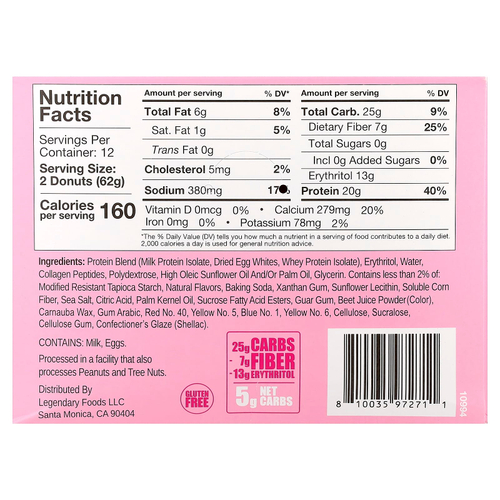 Legendary Foods, протеиновые пончики, розовая глазурь и посыпка, 12 упаковок по 62 г (2,2 унции)