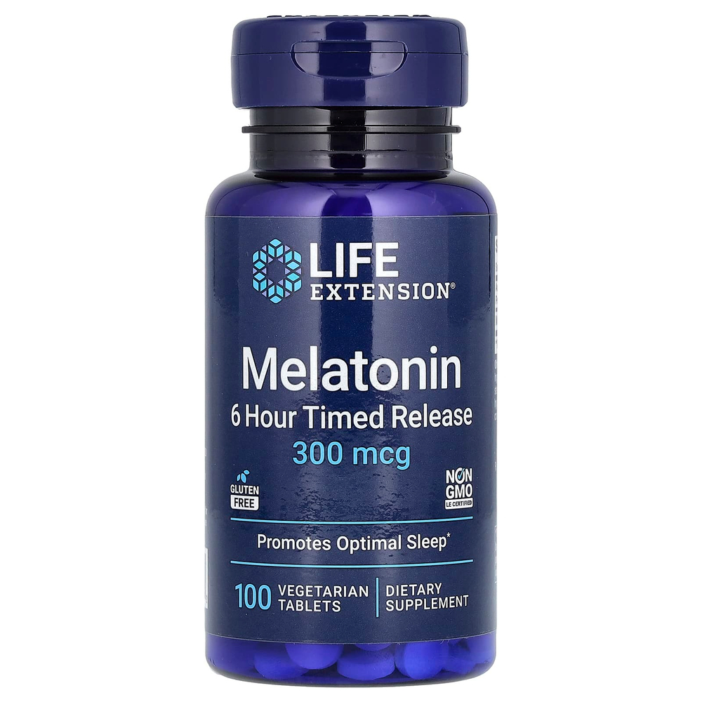Life Extension, Мелатонин, 6-часовое высвобождение, 300 мкг, 100 растительных таблеток