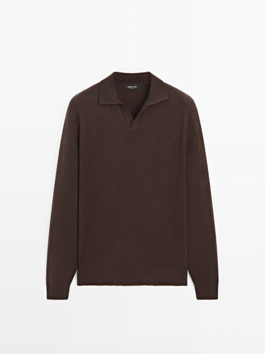 Massimo Dutti Свитер поло из смесовой шерсти с V-образным вырезом, шоколадный