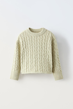 ZARA СВИТЕР ИЗ СИНЕЛИ С УЗОРОМ «КОСЫ», СВЕТЛО-ЗЕЛЕНЫЙ